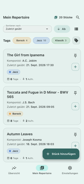 Repertoire-Liste mit Genre-Tags