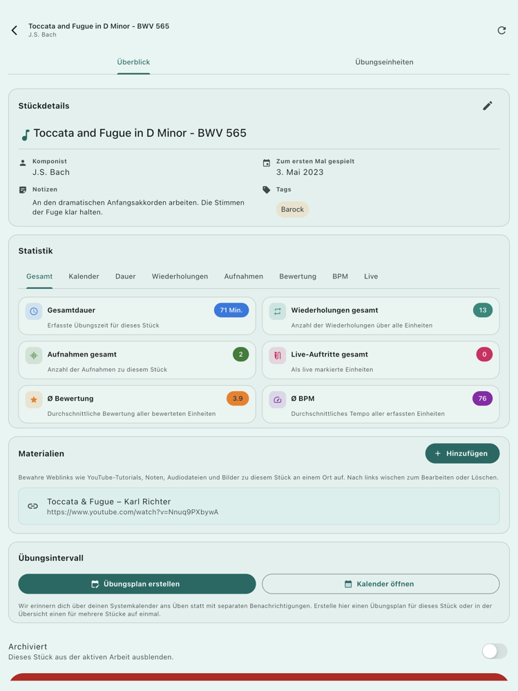 Stück-Details auf dem Tablet