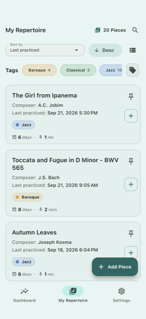 Repertoire list with genre tags