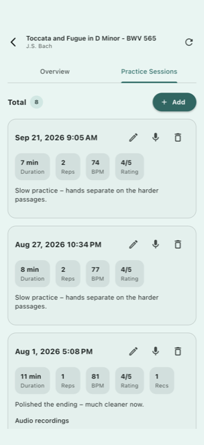Practice session history with audio