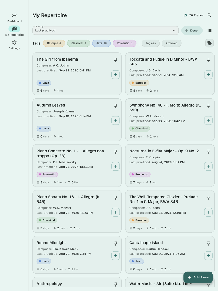 Repertoire on tablet