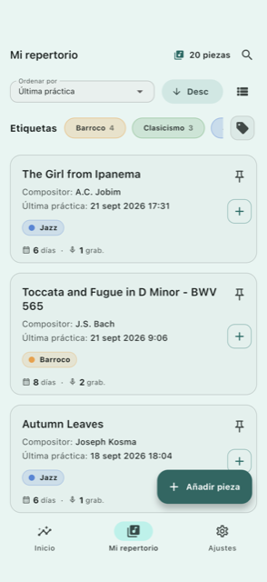 Lista del repertorio con etiquetas de género