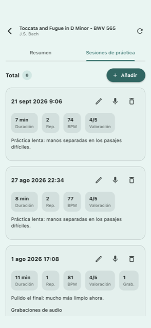 Historial de sesiones de práctica con audio