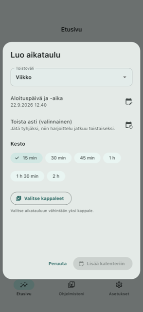 Harjoitusaikataulun luominen