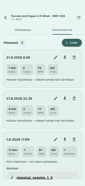 Harjoituskertojen historia äänitteineen