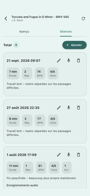 Historique des séances avec audio