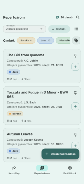 Repertoárlista műfaji címkékkel