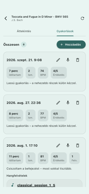Gyakorlási előzmények hangfelvételekkel