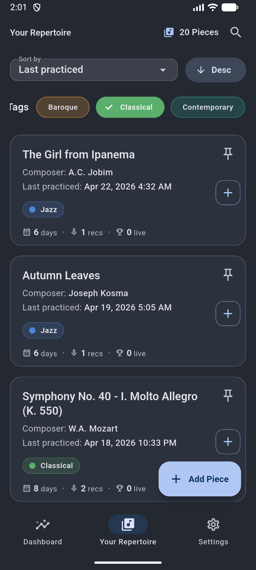Repertoire list in dark mode with color themes