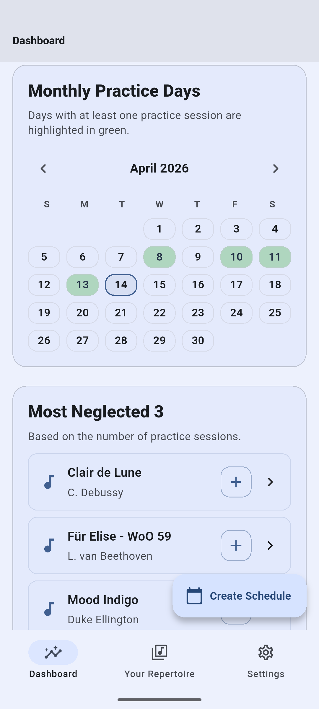Monthly practice calendar