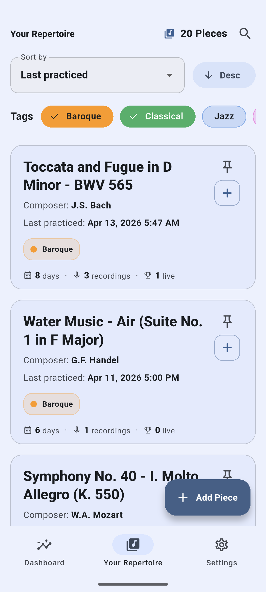 Repertoire list with genre tags