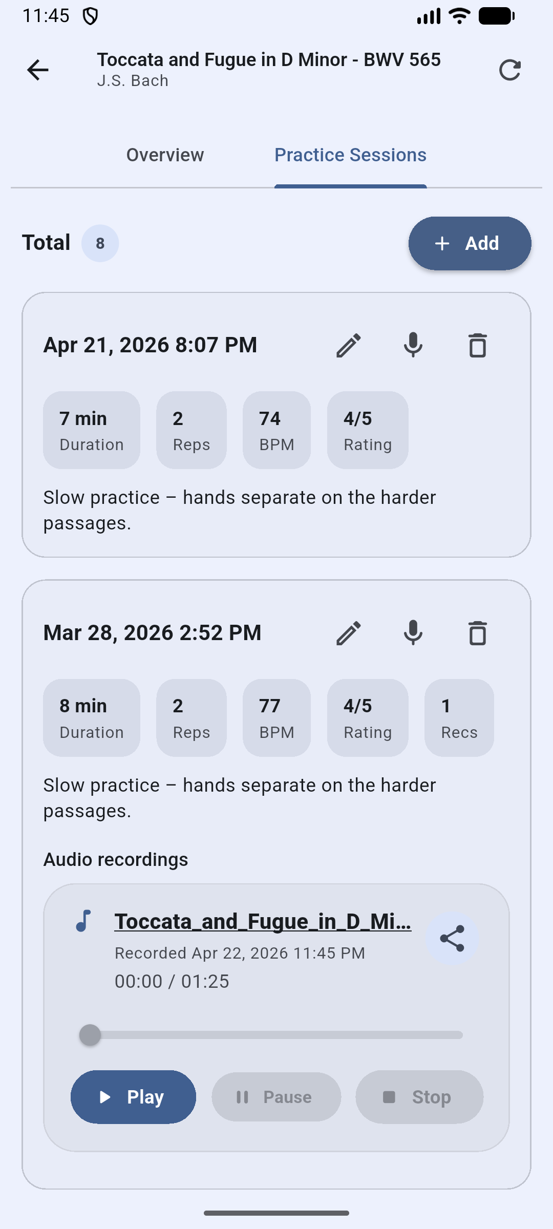 Practice session history with audio