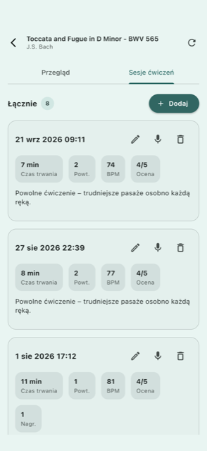 Historia sesji ćwiczeń z nagraniami