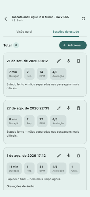 Histórico de sessões de estudo com áudio