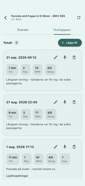Övningshistorik med ljudinspelningar