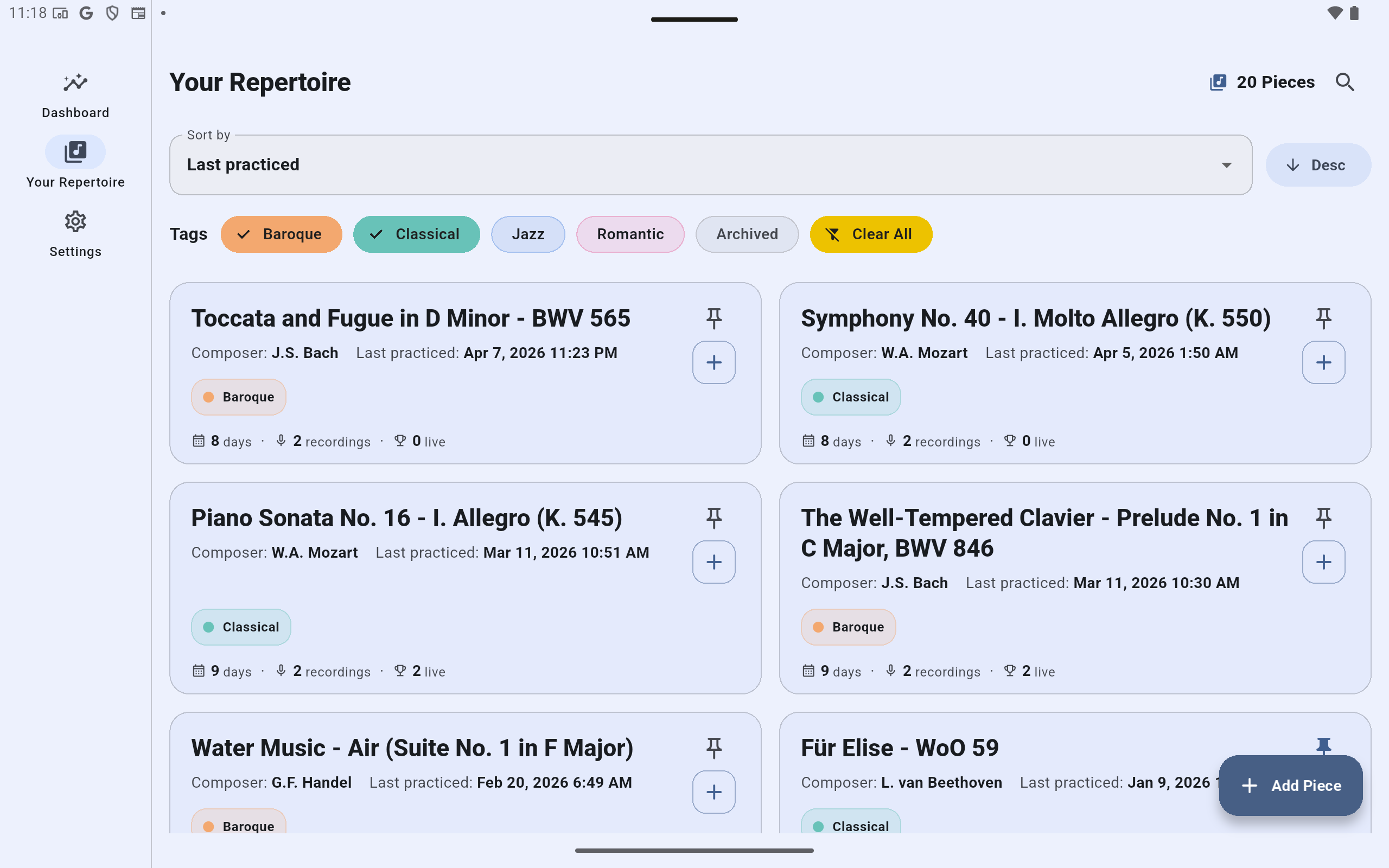Repertoire on tablet